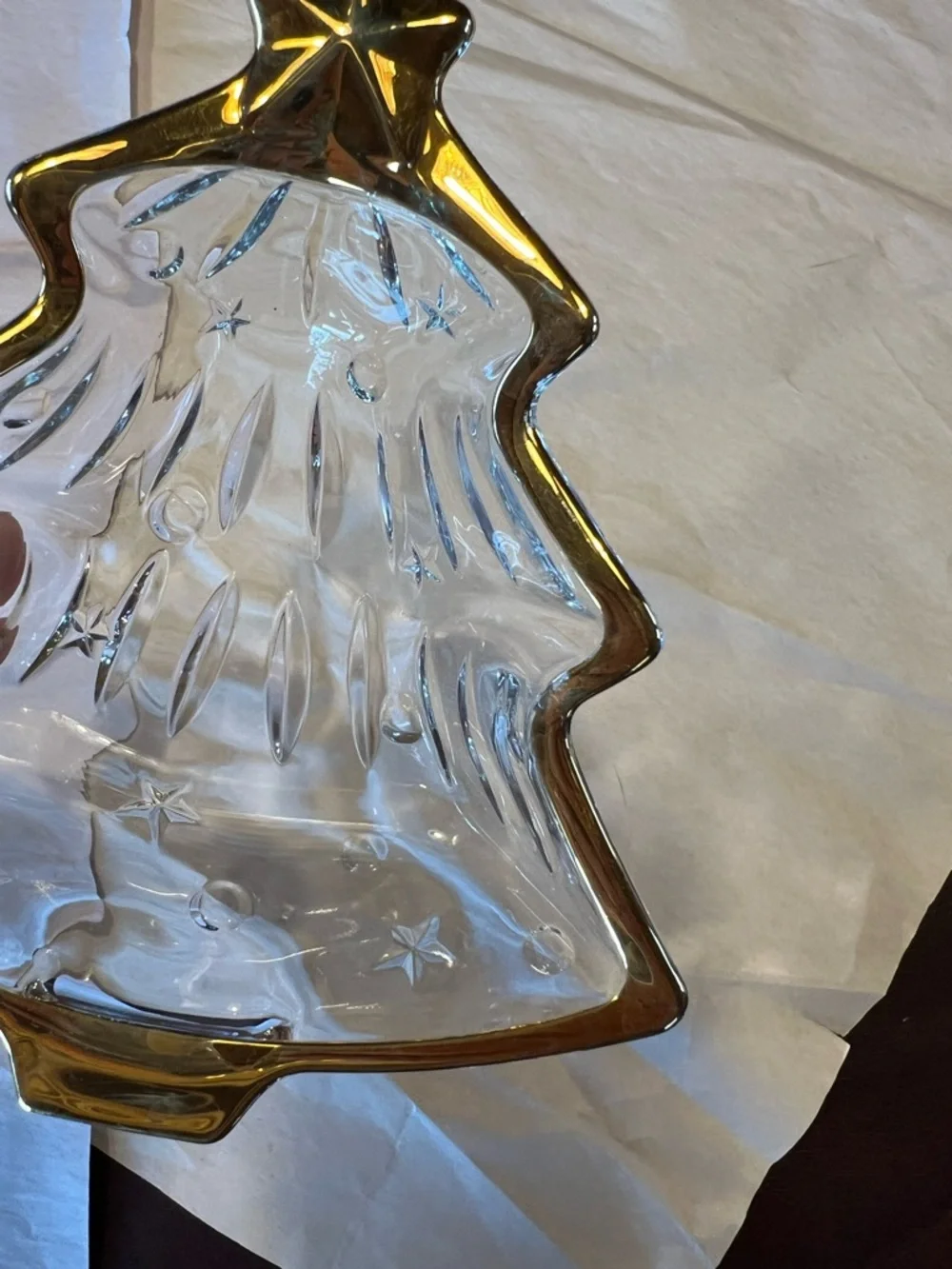 Glass Christmas Tree Dish with Gold Trim